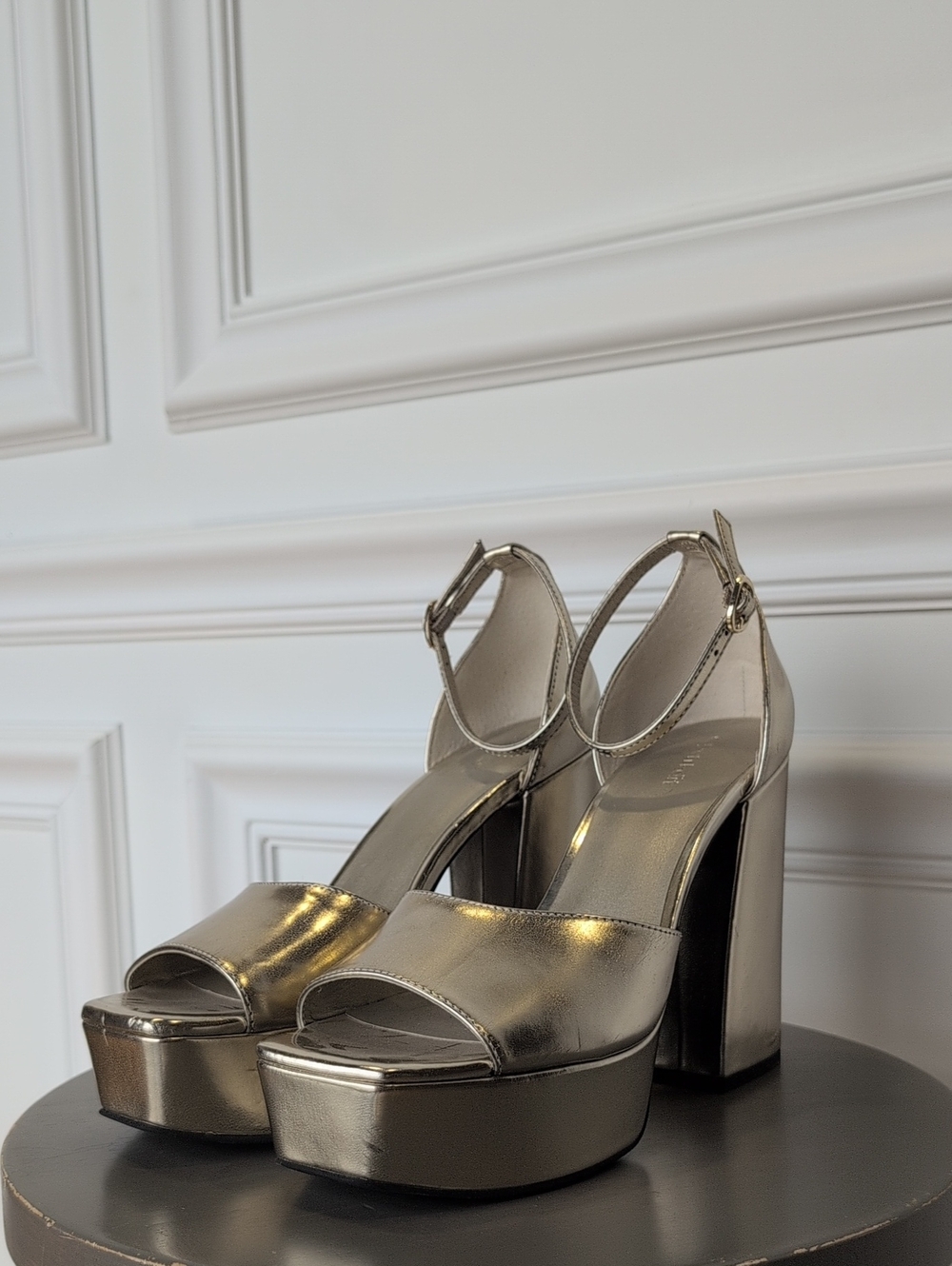 Shimmery Metallic Platform Block Heels with Ankle Strap